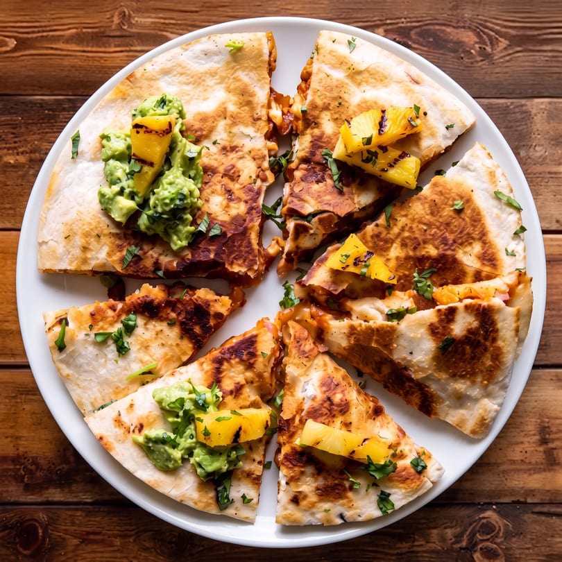 A white plate of sliced quesadillas with guacamole and grilled pineapple on a wooden table.
