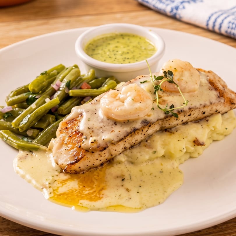 Grilled fish with shrimp, creamy sauce, mashed potatoes, green beans, and a side of green sauce.