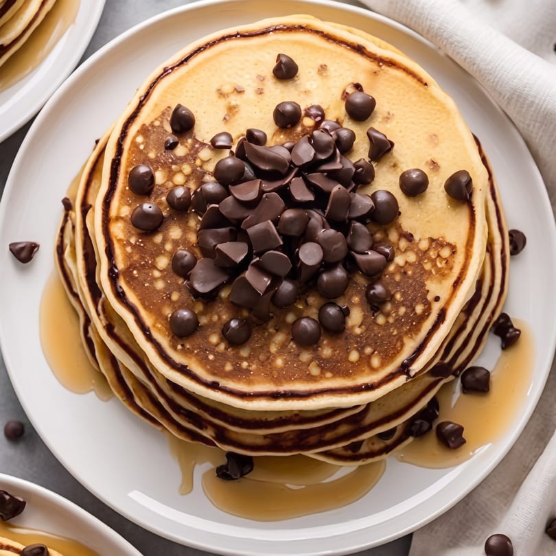Stack of golden pancakes with melted chocolate chips and syrup on a white plate.