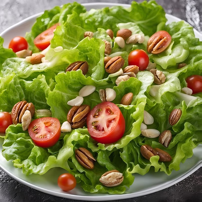 Fresh green lettuce salad with cherry tomatoes, pecans, and almonds on a white plate.