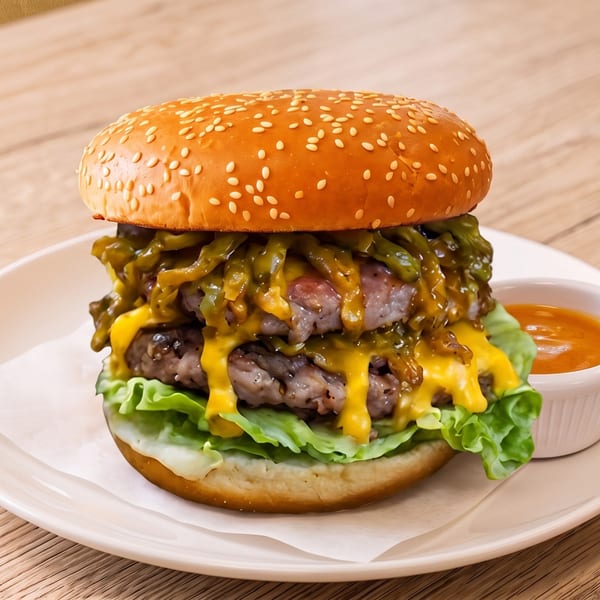 Double cheeseburger with green chiles, lettuce, and a side of orange sauce on a white plate.