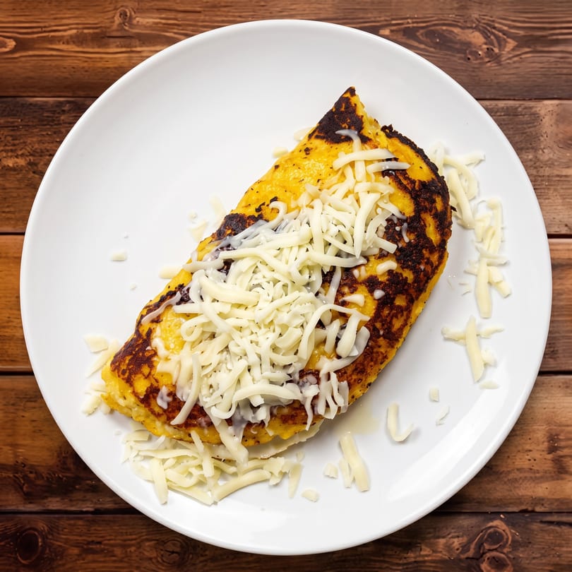 A golden-brown corn pancake, or cachapa, topped with shredded white cheese on a white plate.